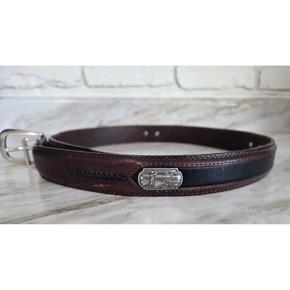 Men's Vintage Onyx by Brighton Golf Ornament Brown Leather Belt Two-Tone Size 36